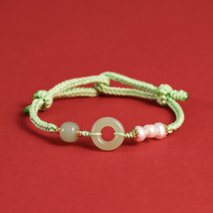 Buddha Stones Natural Hetian Jade Pearl Peace Buckle Luck Bracelet - Green - image 12