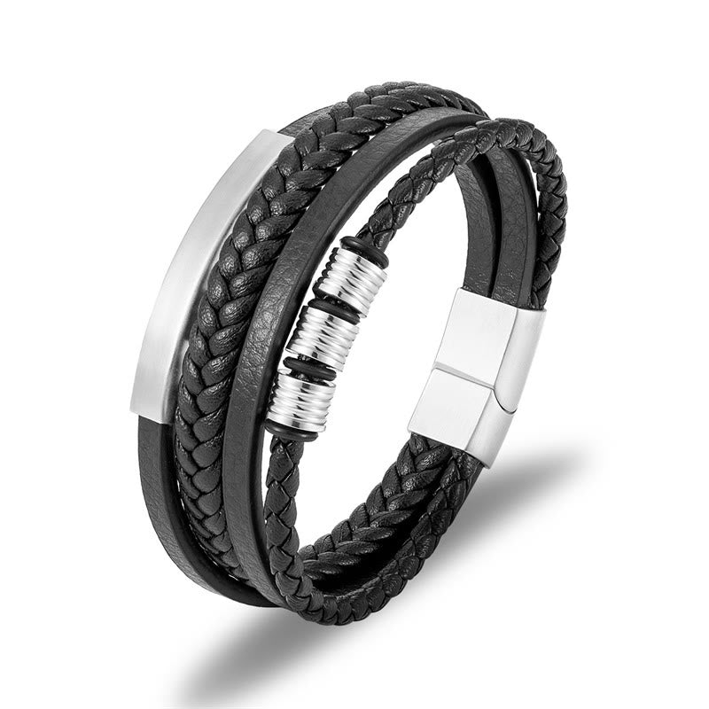 Buddha Stones Leather Multi-Layer Titanium Steel Balance Braided Magnetic Buckle Bracelet - Silver 21.5cm - image 6