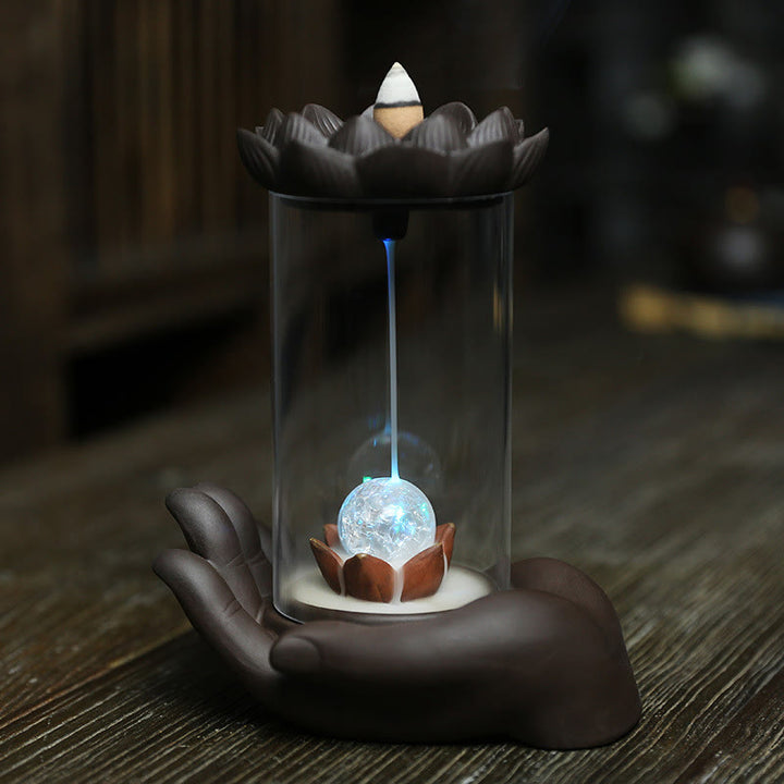 Buddha Stones Buddha Hand Lotus Enlightenment LED Light Purple Clay Ceramic Incense Burner Decoration - Buddha Hand Ball - image 8