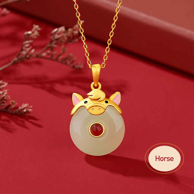 Buddha Stones 925 Sterling Silver Hetian Jade Chinese Zodiac Year of the Dragon Red Agate Luck Protection Necklace Pendant - Horse - image 16