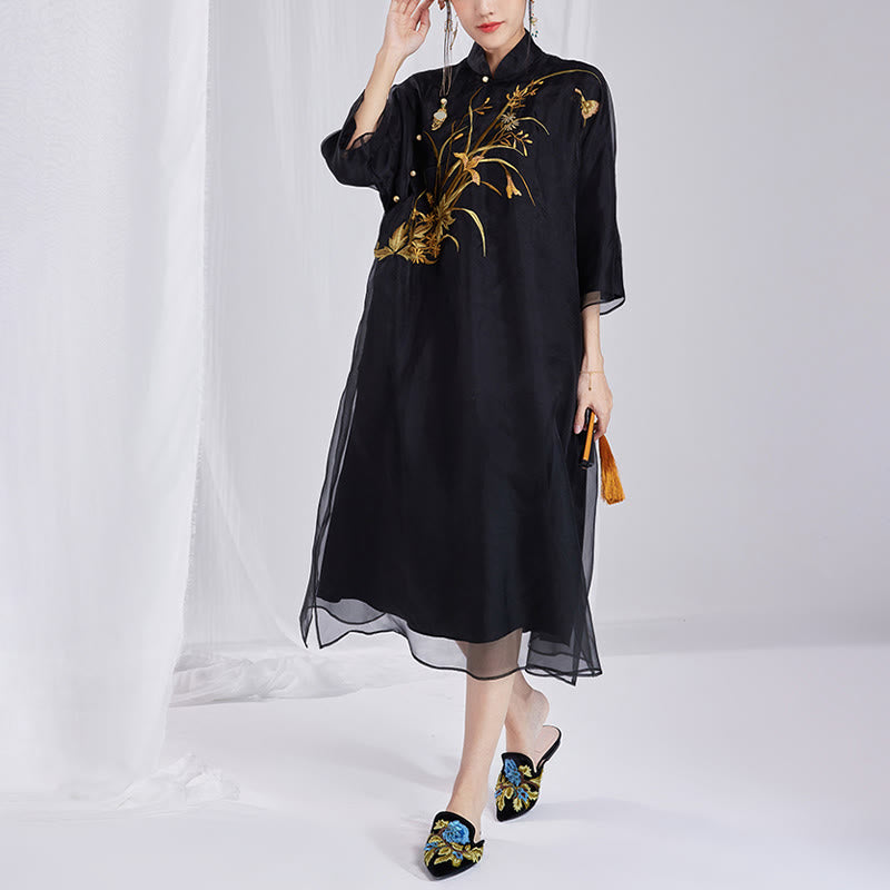 Buddha Stones 100% Mulberry Silk 6 Momme Dress Vintage Flower Butterfly Embroidery Qipao Dress Women's Cheongsam Dress - image 17