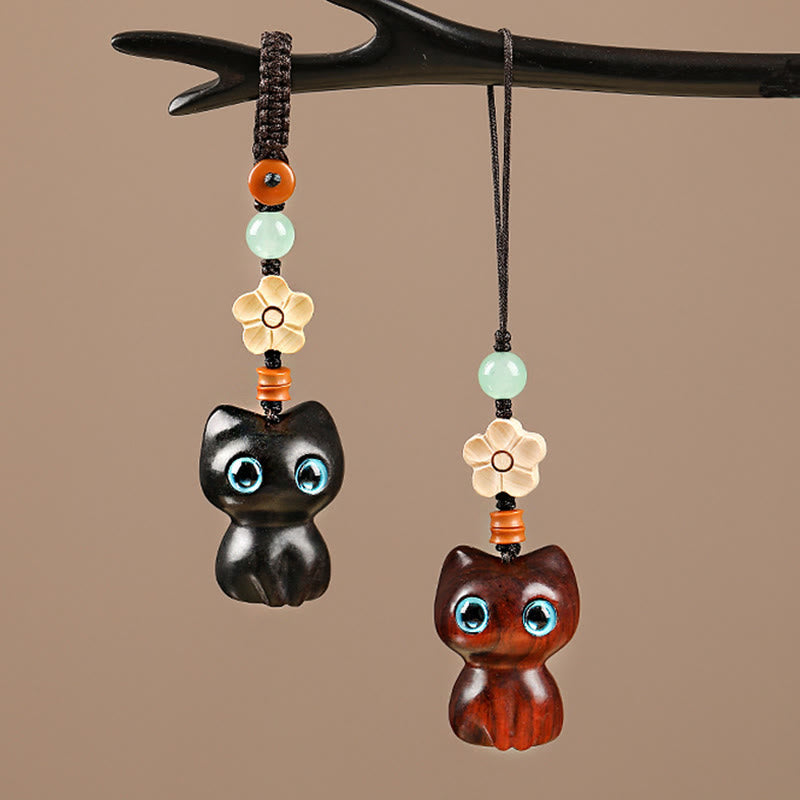 Buddha Stones Mini Small Leaf Red Sandalwood Ebony Wood Lucky Cat Lovely Kitty Peace Key Chain Phone Hanging Decoration - image 0
