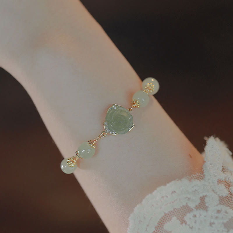 Buddha Stones 14K Gold Plated Hetian Jade Rose Flower Luck Chain Bracelet - Jade(Prosperity♥Abundance) - image 0
