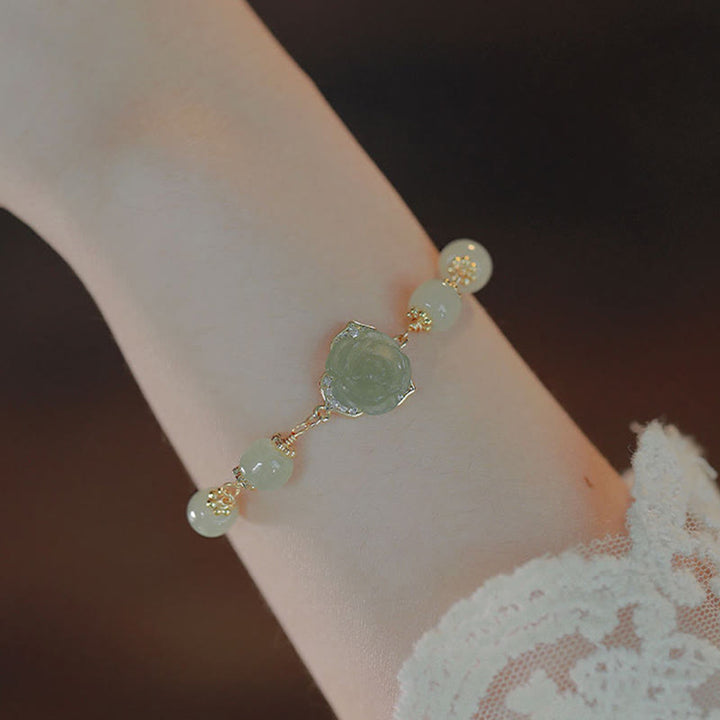 Buddha Stones 14K Gold Plated Hetian Jade Rose Flower Luck Chain Bracelet - Jade(Prosperity♥Abundance) - image 0