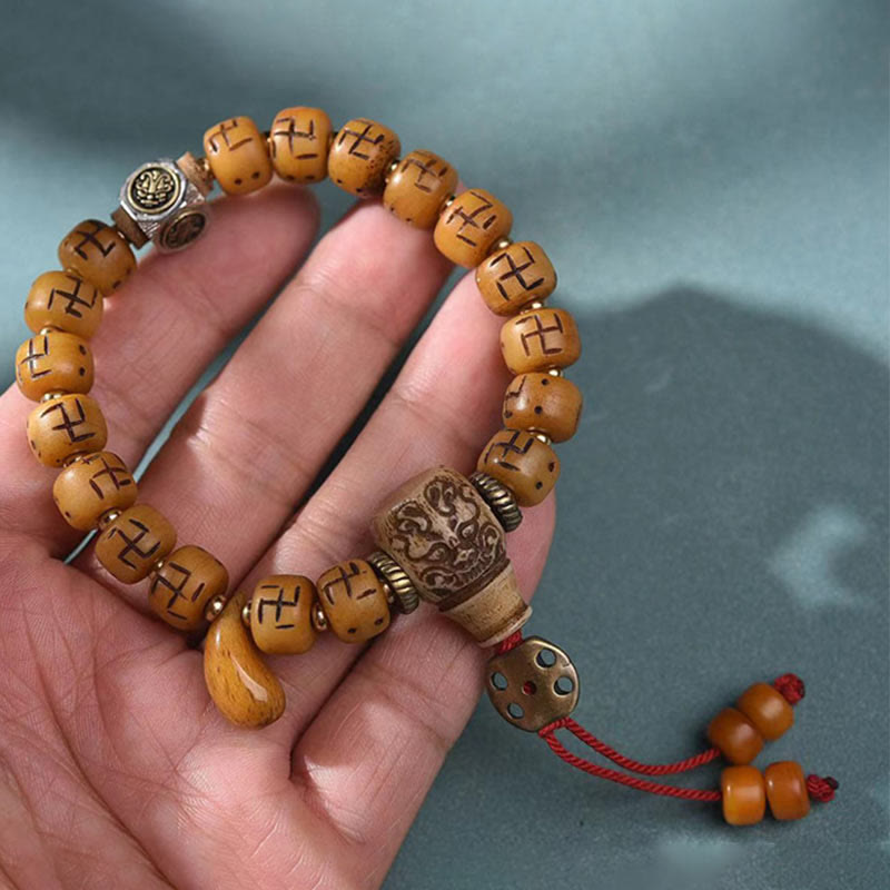 Buddha Stones Natural Tibetan Camel Bone Swastika Dzi Bead Shankha Buddha Charm Kirtimukha Luck Protection Tassel Bracelet - image 14
