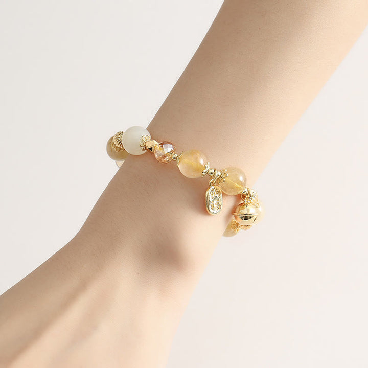 Buddha Stones 14K Gold Plated Golden Rutilated Quartz Wealth Bell Lucky Fortune Charm Bracelet - image 3