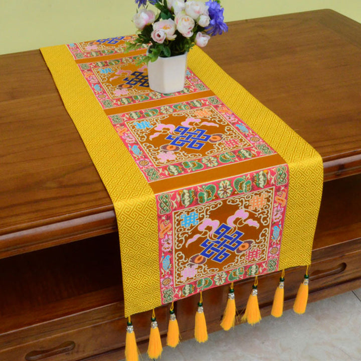 Buddha Stones Prayer Altar Mat Man-Bcu Kalachakra Endless Knot Vajra Tibetan Auspicious Symbols Tassels Table Runner - The Knot of Eternity - Gold - 190*33cm - image 10