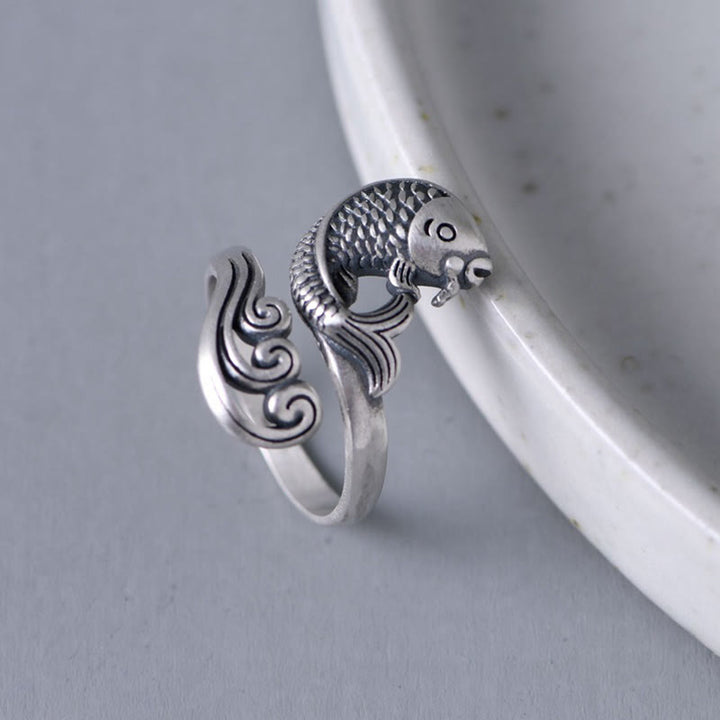 Buddha Stones 925 Sterling Silver Koi Fish Water Ripple Luck Wealth Ring - image 8