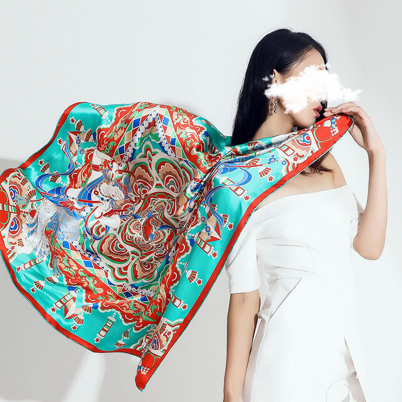 Buddha Stones Dunhuang Musician Playing Frescoes 100% Mulberry Silk Scarf Premium Grade 6A Dunhuang Silk Shawl - image 1