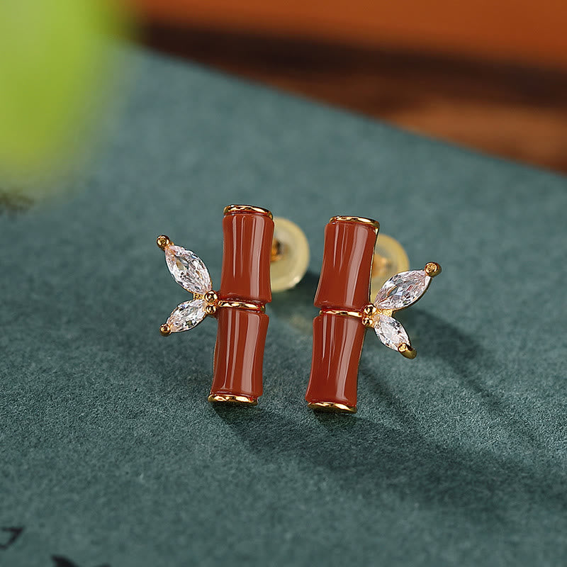 Buddha Stones 925 Sterling Silver Hetian Cyan Jade White Jade Red Agate Bamboo Pattern Luck Stud Earrings - Red Agate(Confidence♥Calm) - image 15