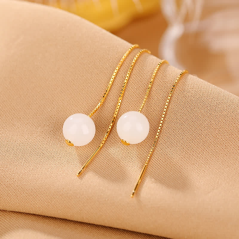 925 Sterling Silver White Jade Beaded Happiness Drop Earrings - image 3
