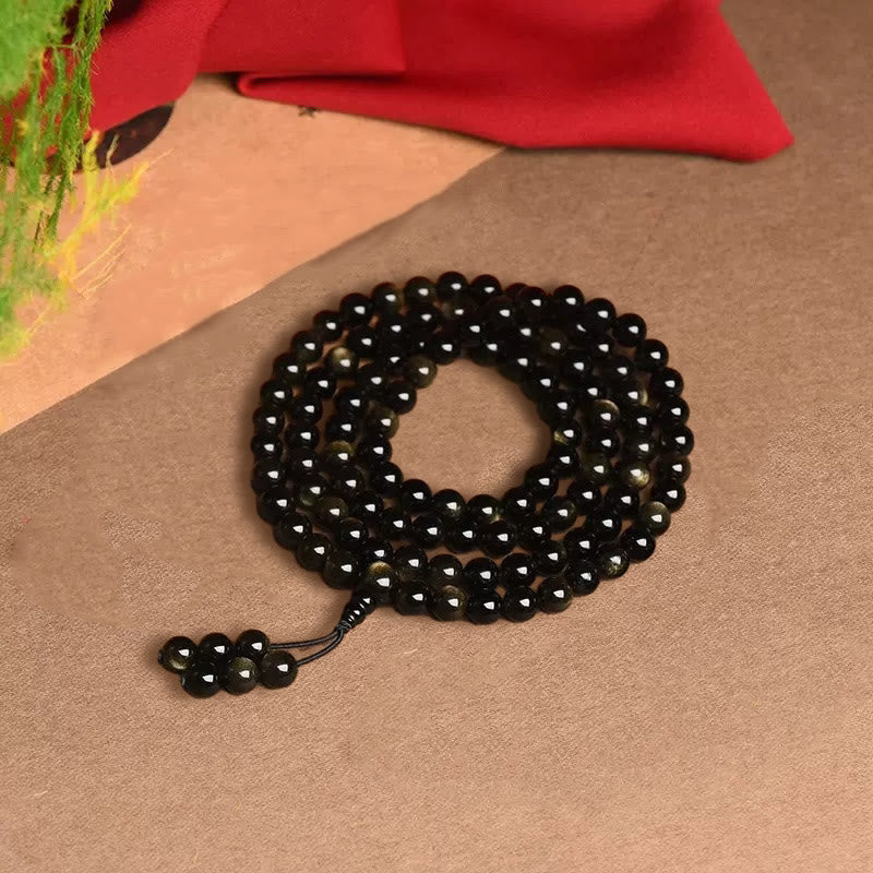 Buddha Stones 108 Mala Beads Natural Gold Sheen Obsidian Wealth Bracelet - image 9