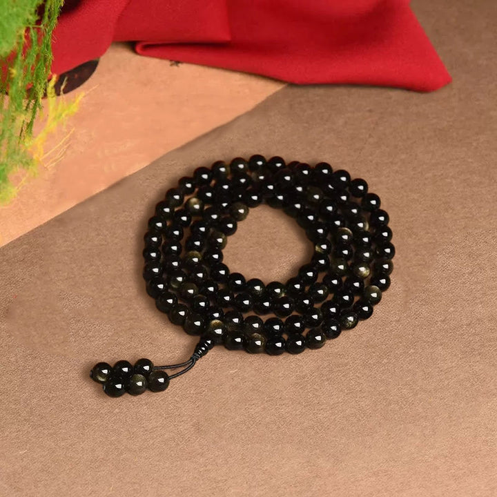 Buddha Stones 108 Mala Beads Natural Gold Sheen Obsidian Wealth Bracelet - image 9