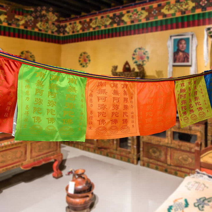 Buddha Stones Tibetan 7 Colors Windhorse Letter Auspicious Lotus Outdoor 21 Pcs Prayer Flag - image 1