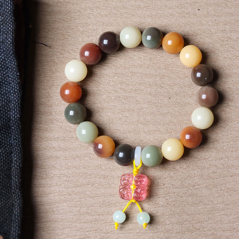 Buddha Stones Natural Multicolored Gradient Bodhi Seed Liuli Glass Charm Peace Bracelet - image 2