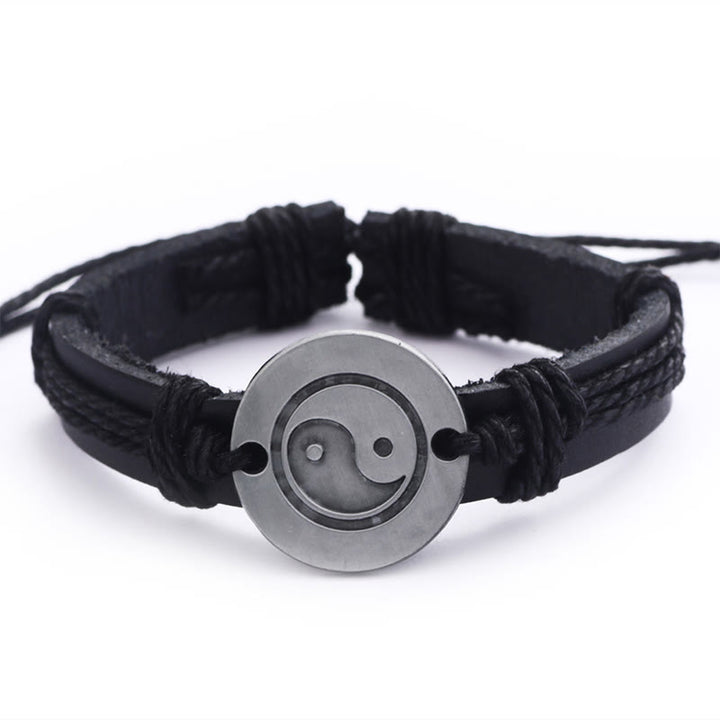 Buddha Stones Retro Yin Yang Leather Harmony String Bracelet - Black(Bracelet Size 23cm) - image 11