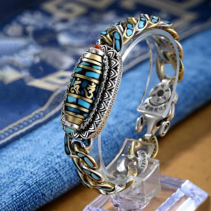Buddha Stones Tibetan Nine-Eye Dzi Bead Om Mani Padme Hum Turquoise Protection Rotatable Bracelet - Om Mani Padme Hum(Love♥Focus) - 22cm fit for Wrist Circumference 20cm - image 2