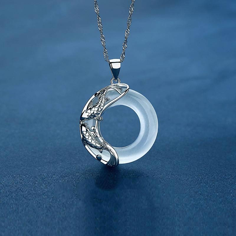 Buddha Stones Natural White Jade Koi Lucky Necklace - image 1