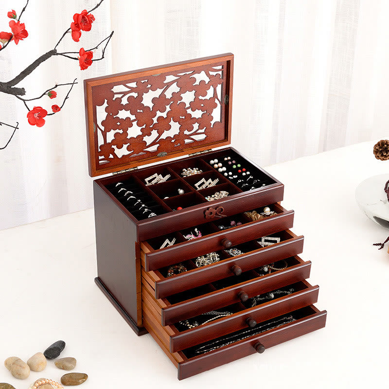 Buddha Stones Vintage Plum Blossom Carved Wooden Jewelry Box Six-Layer Jewelry Storage Box - Walnut Color 30.6*20.6*24.7cm - image 0