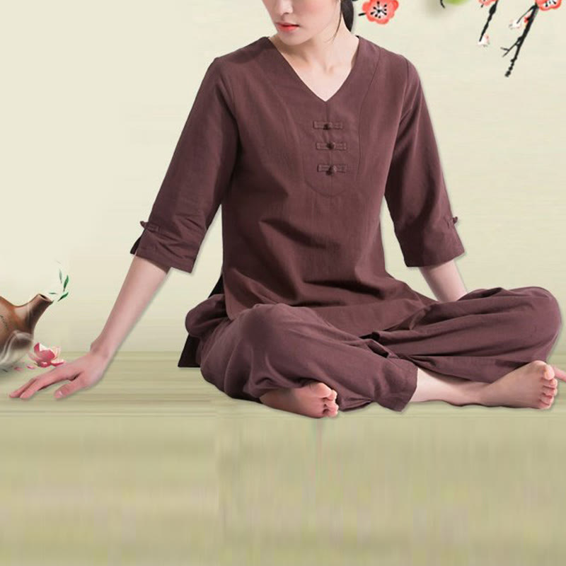 Buddha Stones Yoga Meditation Prayer V-neck Design Cotton Linen Clothing Uniform Zen Practice Women's Set - image 10