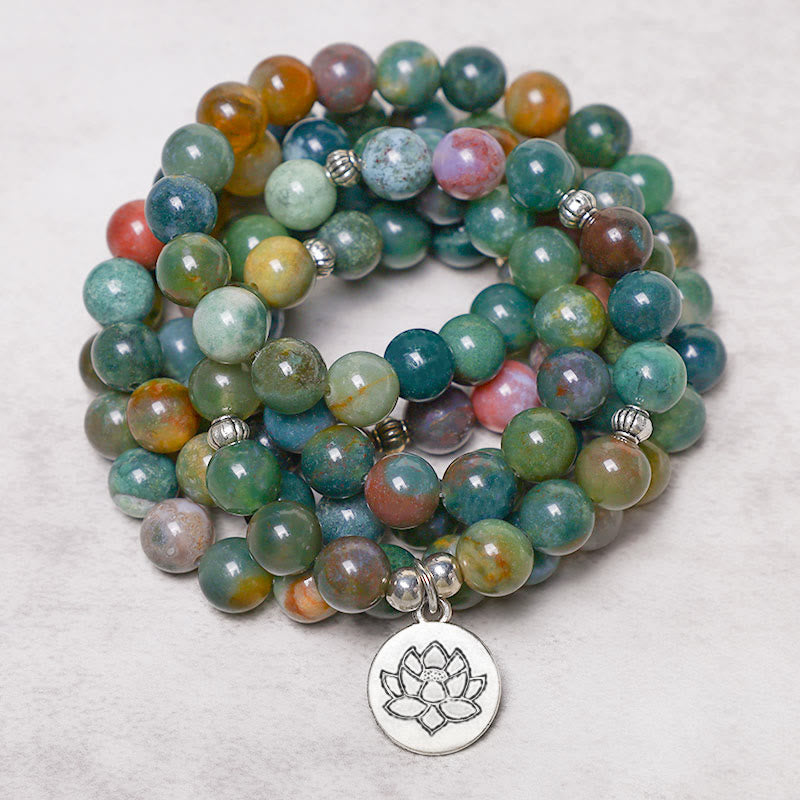 Buddha Stones 108 Mala Beads Indian Agate Lotus OM Tree of life Positive Calm Bracelet - image 0