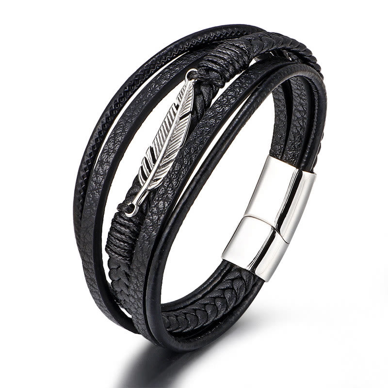 Buddha Stones Feather Pattern Multilayer Leather Titanium Steel Calm Braided Magnetic Buckle Bracelet - Silver 21.5cm - image 4