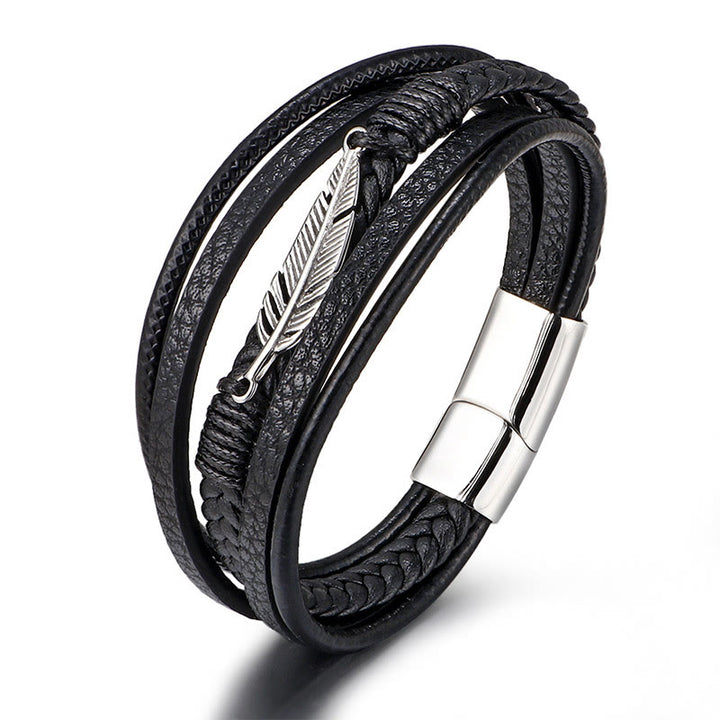 Buddha Stones Feather Pattern Multilayer Leather Titanium Steel Calm Braided Magnetic Buckle Bracelet - Silver 21.5cm - image 4