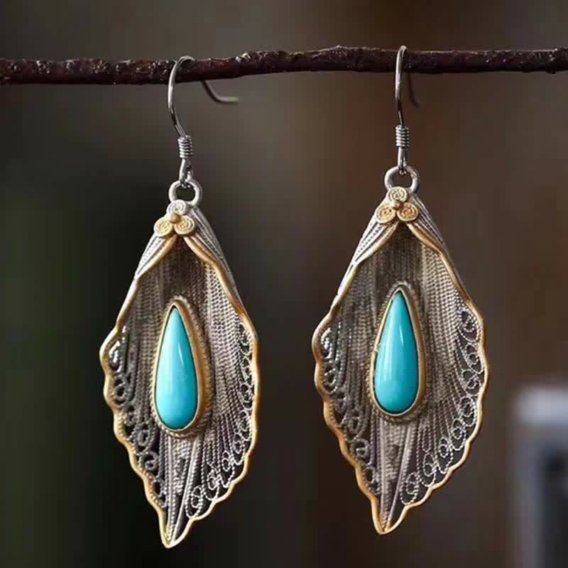 Buddha Stones 925 Sterling Silver Turquoise Bodhi Leaf Pattern Protection Drop Dangle Earrings - image 4