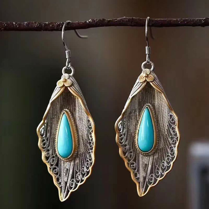 Buddha Stones 925 Sterling Silver Turquoise Bodhi Leaf Pattern Protection Drop Dangle Earrings - image 4