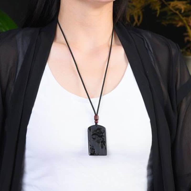 Buddha Stones Black Obsidian Dragon Phoenix Success Necklace Pendant - image 2