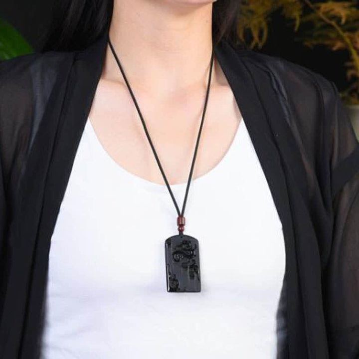 Buddha Stones Black Obsidian Dragon Phoenix Success Necklace Pendant - image 2