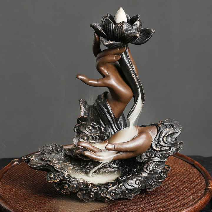 Buddha Stones Lotus Buddha Hand Auspicious Clouds Pattern Meditation Resin Backflow Incense Burner - image 2