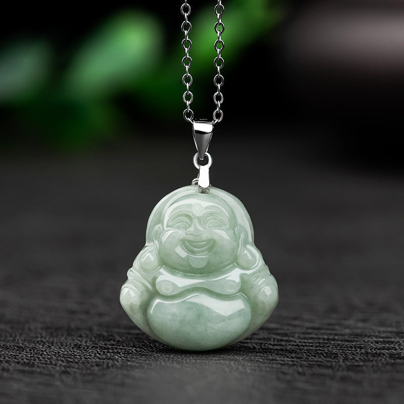 Buddha Stones 925 Sterling Silver Laughing Buddha Jade Blessing Necklace Chain Pendant - Jade - image 0