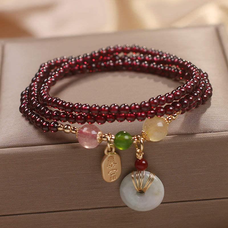 Buddha Stones Natural Garnet Strawberry Quartz Crystal Fox Koi Fish Peace Buckle Fortune Protection Triple Wrap Bracelet - image 13