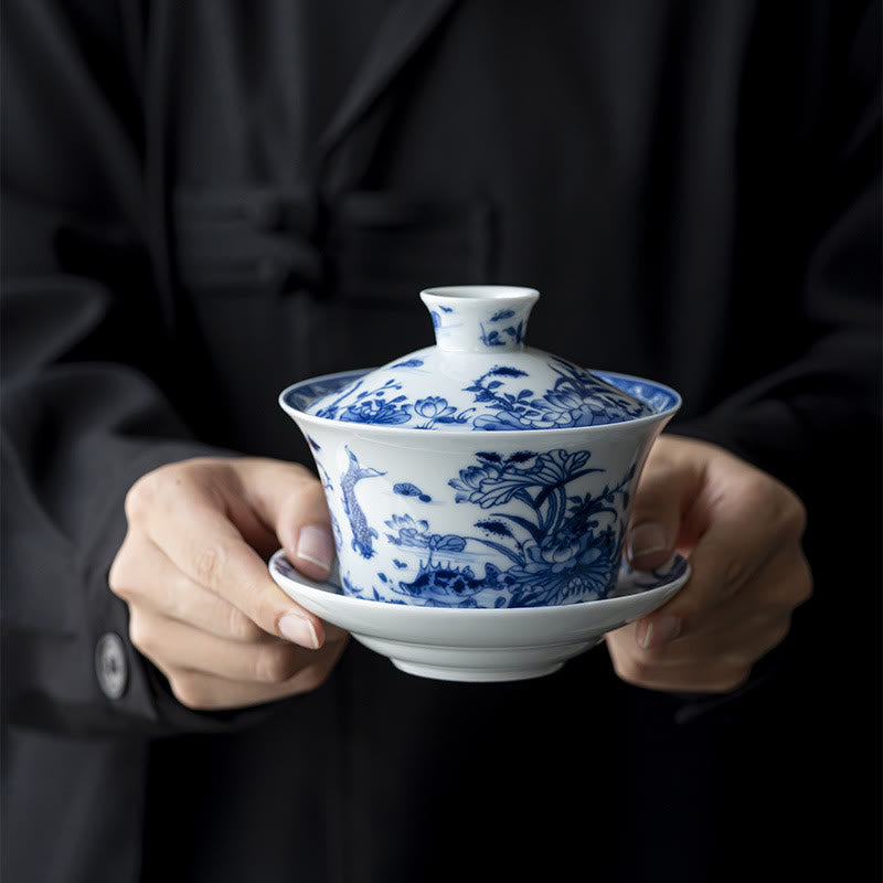 Buddha Stones Blue And White Porcelain Lotus Koi Fish Lion Dance Watermelon Ceramic Gaiwan Sancai Teacup Kung Fu Tea Cup And Saucer With Lid 300ml - Lotus Koi Fish 12.4cm*11cm*300ml - image 0