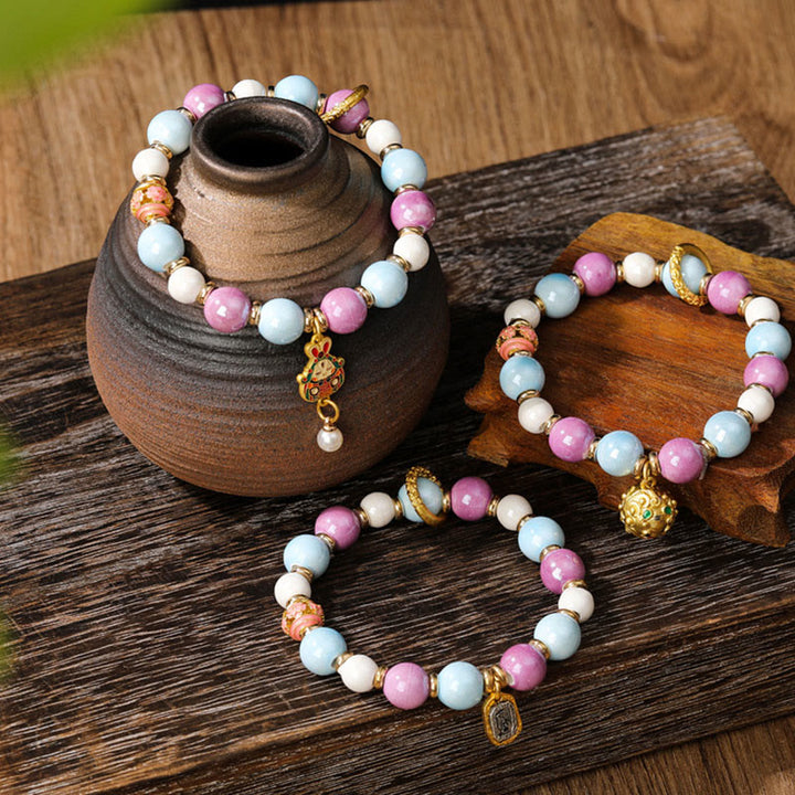 Buddha Stones Tibetan Zakiram Goddess of Wealth Rabbit Lion Head Charm Liuli Glass Incense Ash Porcelain Bead Protection Bracelet - image 1