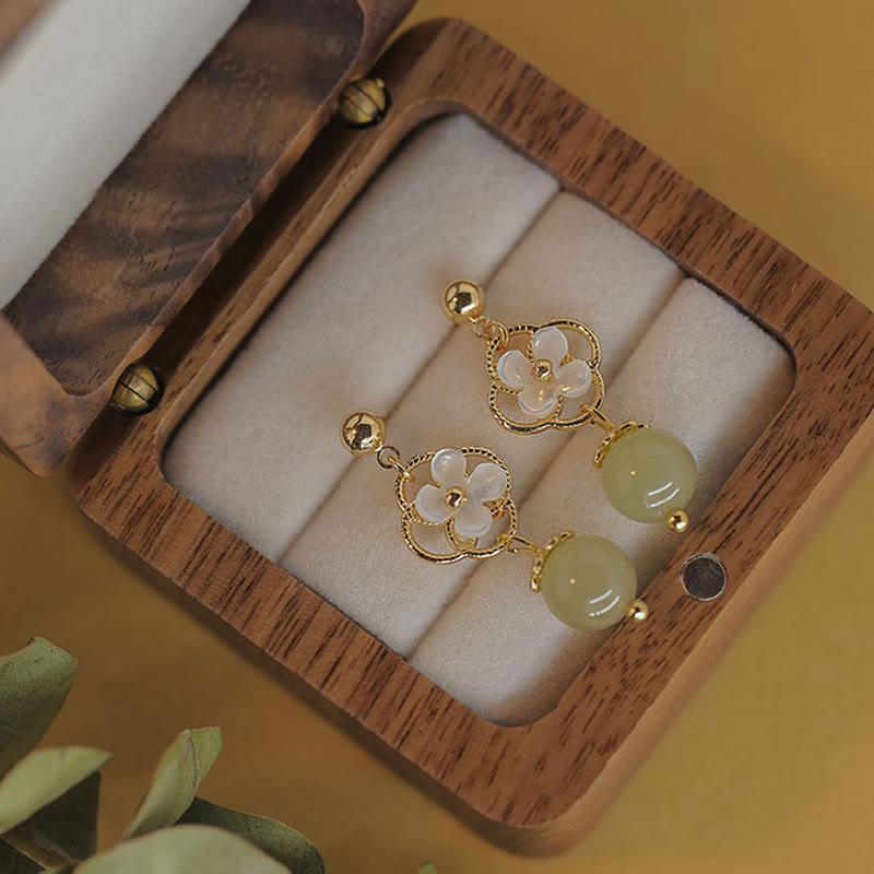 Buddha Stones Tridacna Stone Flower Jade Bead Blessing Drop Earrings - Jade(Prosperity♥Abundance) - image 0