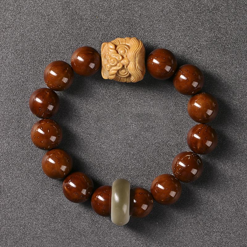 Buddha Stones Purple Bodhi Seed Dancing Lion Wisdom Bracelet - Bodhi Seed&Green Sandalwood Dancing Lion(Wrist Circumference 15-17cm) - image 9