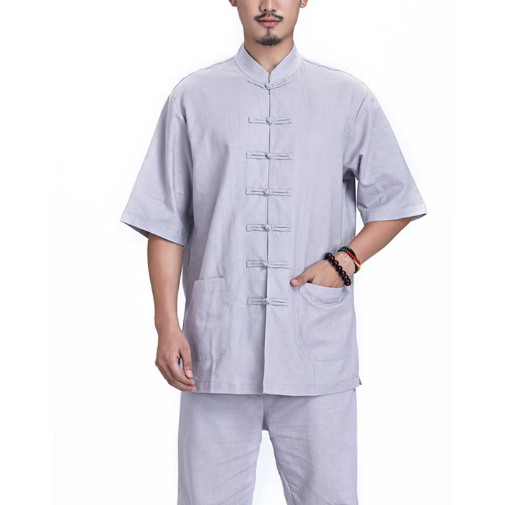 Buddha Stones Chinese Frog Button Design Meditation Prayer Cotton Linen Spiritual Zen Practice Yoga Clothing Men's Set - Gray(Short Sleeve) - US/UK/AU44，EU54 (3XL) - image 20