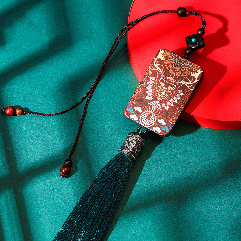 Buddha Stones Handmade Elk Deer Ebony Wood Balance Tassel Car Hanging Decoration - image 2