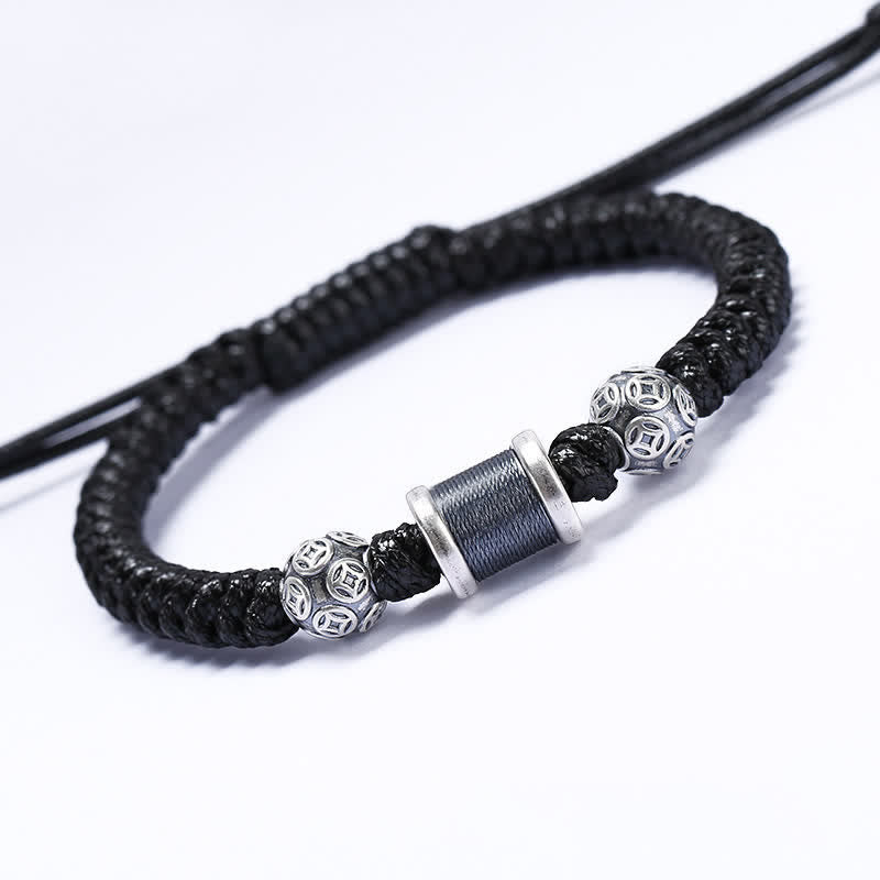 Buddha Stones 999 Sterling Silver Copper Coin Bead Copper Balance Braided String Bracelet - Gray - image 5
