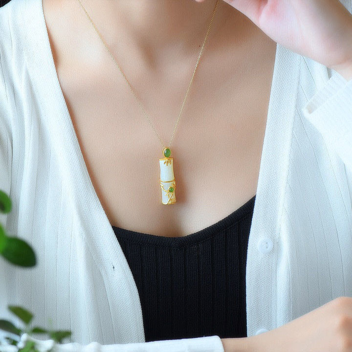 Buddha Stones White Jade Cyan Jade Bamboo Protection Necklace Pendant - image 3