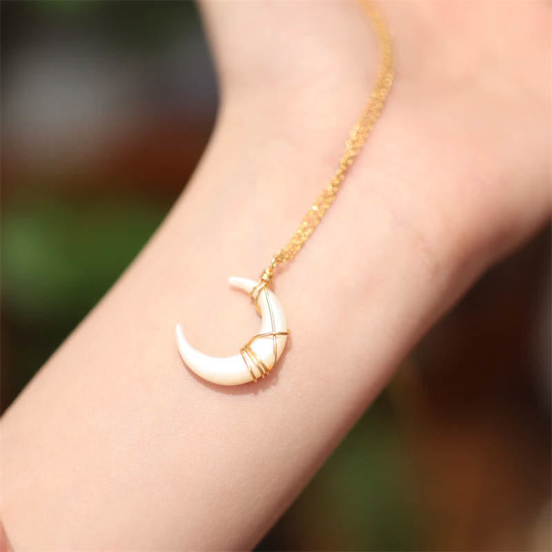 Buddha Stones Natural Tridacna Stone Crescent Moon Blessing Necklace Pendant - image 1