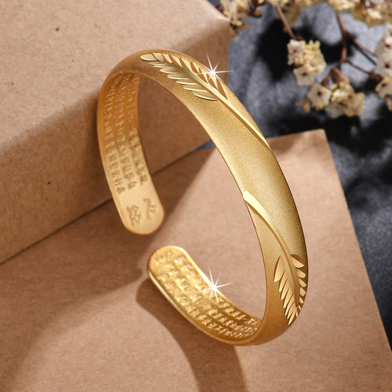 Buddha Stones Feather Heart Sutra Engraved Pattern Wealth Copper Cuff Bracelet Bangle - image 1