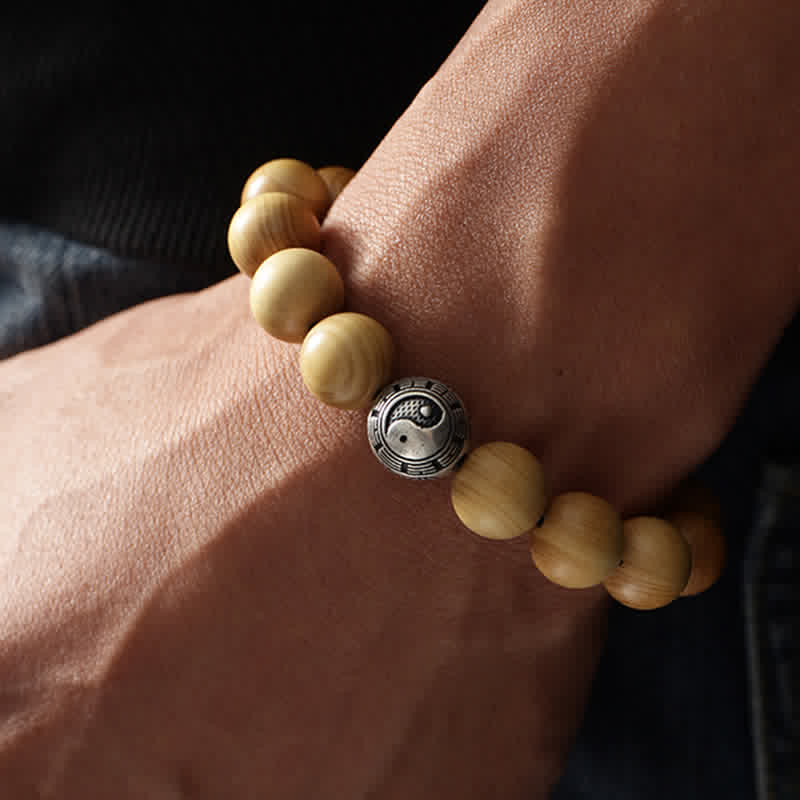 Buddha Stones Tibet Peach Wood Lotus Cinnabar Bagua Yin Yang Luck Wealth Bracelet - image 2