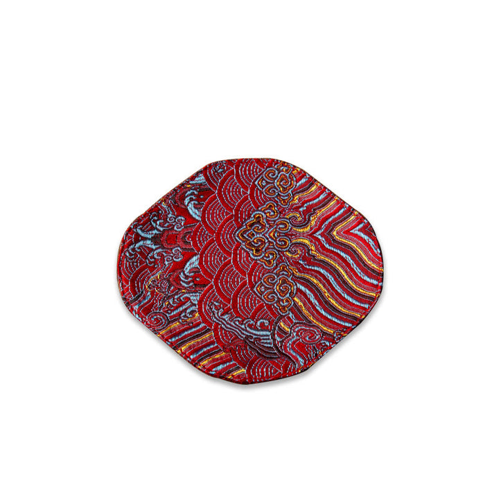 Buddha Stones Vintage Sea Wave Bamboo Plum Blossom Embroidered Cup Mat Pad Tea Cup Coaster Kung Fu Tea Mat - Dark Red Sea Wave - Coaster 13*11.5cm - image 18