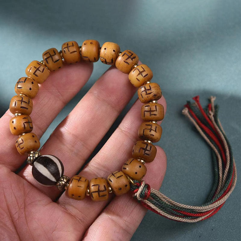 Buddha Stones Natural Tibetan Camel Bone Swastika Dzi Bead Shankha Buddha Charm Kirtimukha Luck Protection Tassel Bracelet - image 11