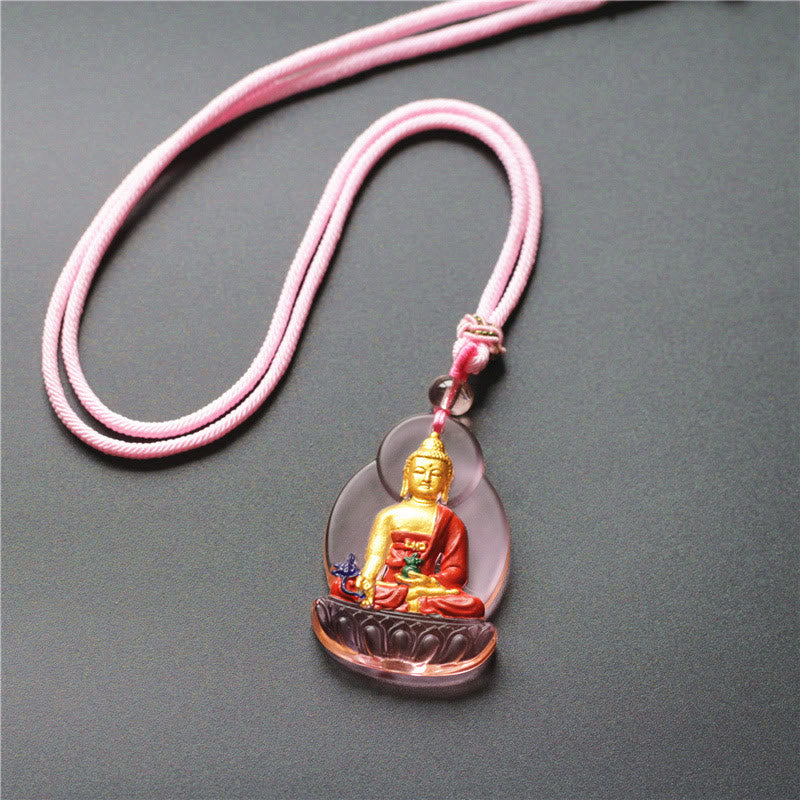 Buddha Stones Tibet Medicine Buddha Liuli Crystal Compassion Necklace Pendant - Pink Medicine Buddha - image 2