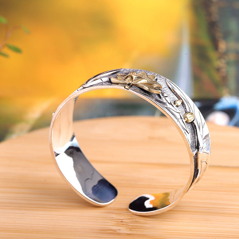 Buddha Stones 925 Sterling Silver Lotus Flower Calm Bracelet Adjustable Bangle - image 5