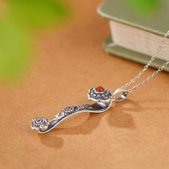 Buddha Stones 925 Sterling Silver Red Agate Cyan Jade Auspicious Clouds Ruyi Handle Blessing Necklace Pendant - image 2